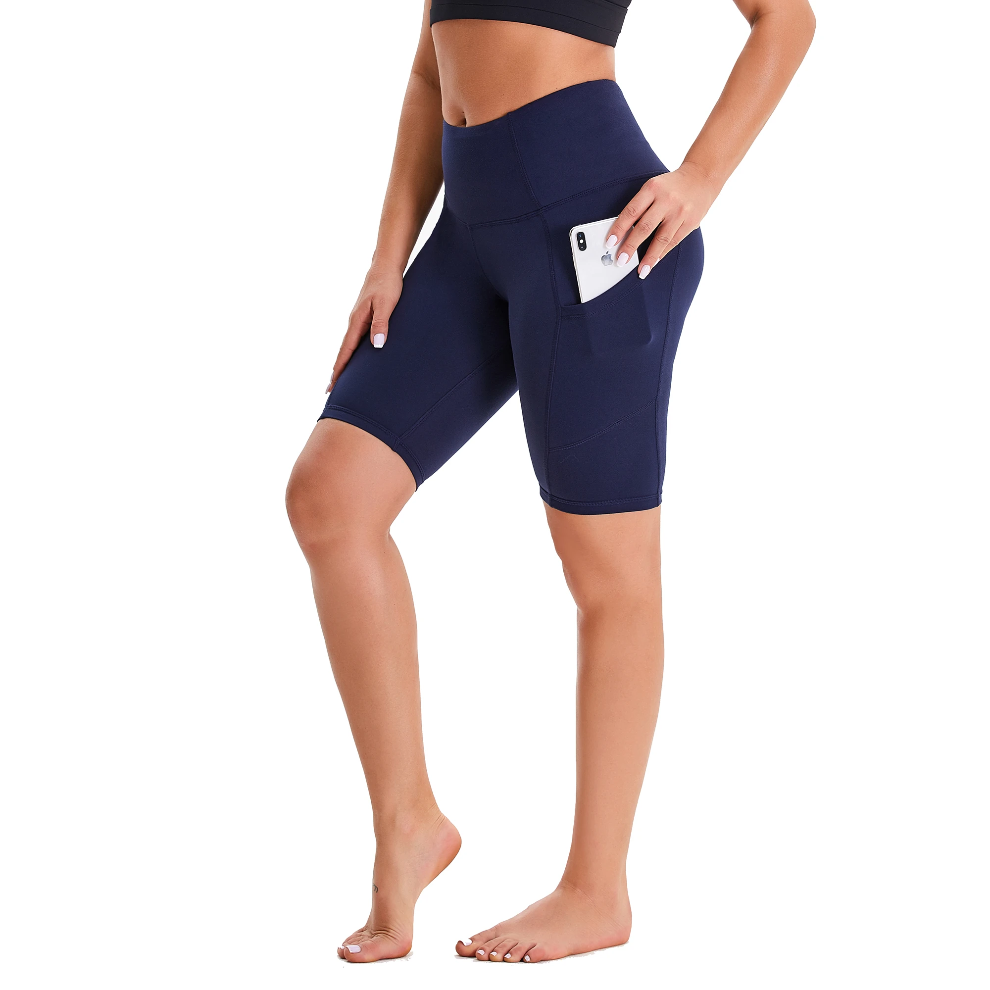 Dark Blue Women's High Waist Yoga Short Side Pocket Workout