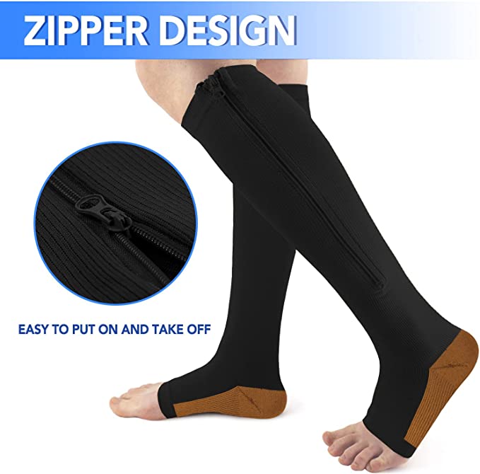 3-Pairs Copper Open-Toed Leg Stocking with Zipper（20-30mmHg） -Toeless –  ACTINPUT Compression Socks