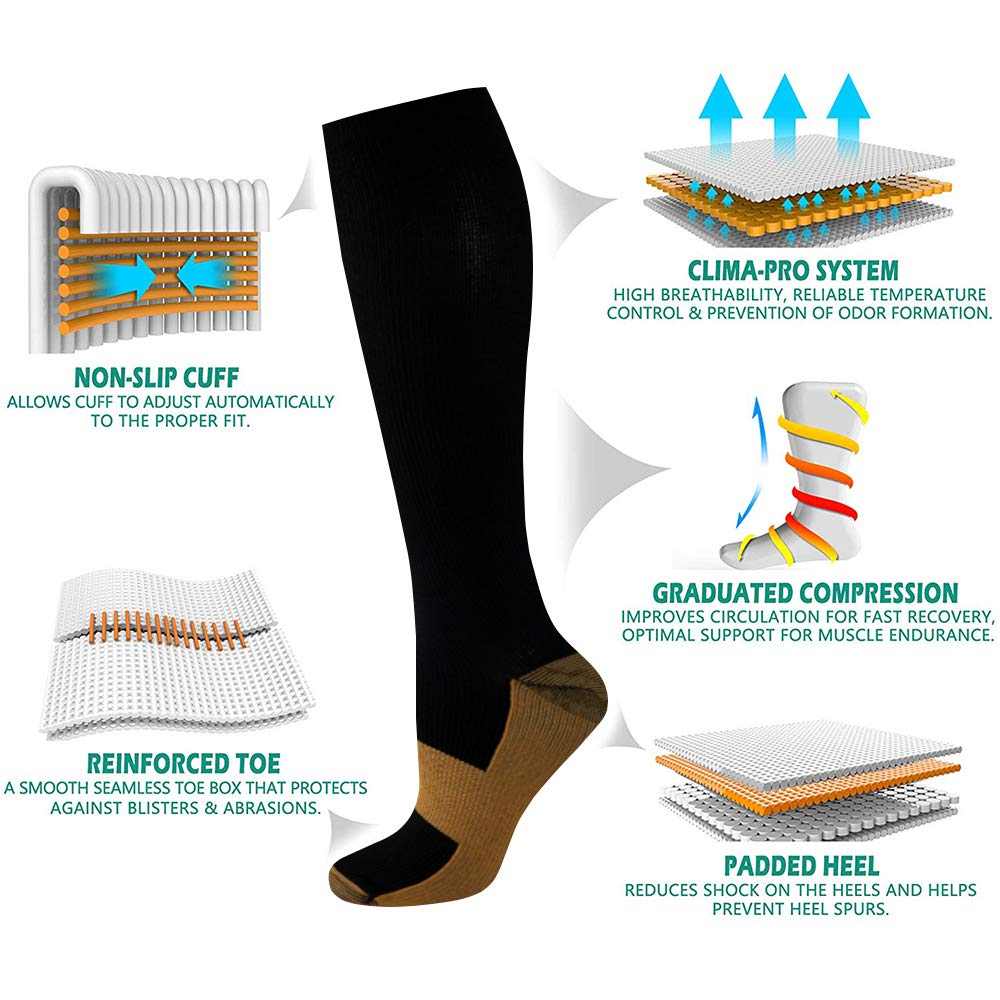 8-Pairs Black Copper Compression Socks For Men & Women (15-20mmHG)
