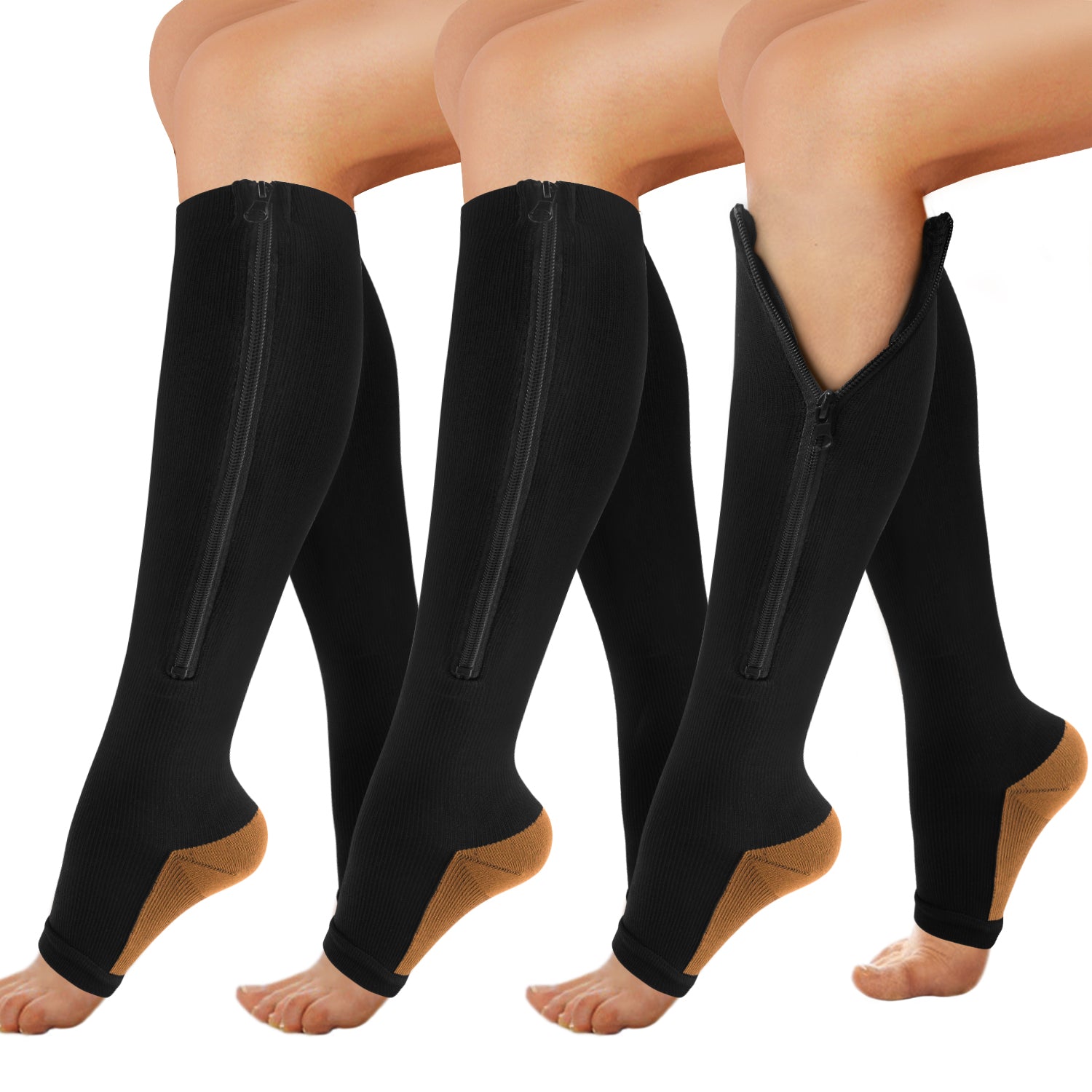 3-Pairs Copper Open-Toed Leg Stocking with Zipper(20-30mmHg